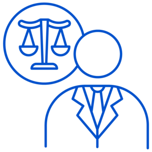 icon of lawyer with scales of justice in background